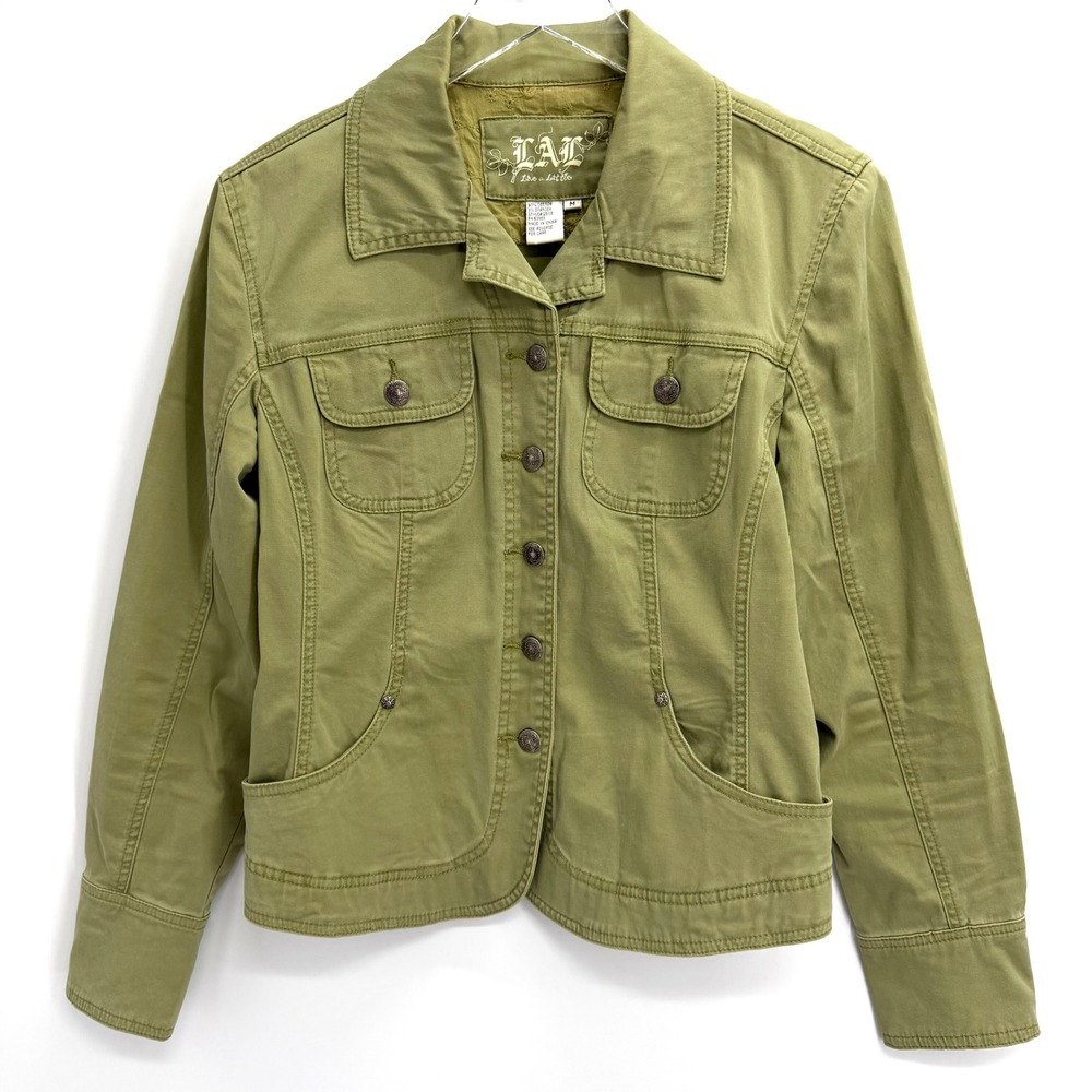 Y2K Live a Little Green Utility Jacket Size M Button Up Olive Earthy Boho